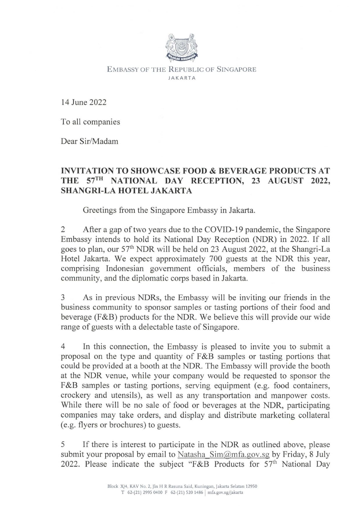 Singapore Embassy Jakarta's invitation to showcase F&B at their 57th National Day reception.